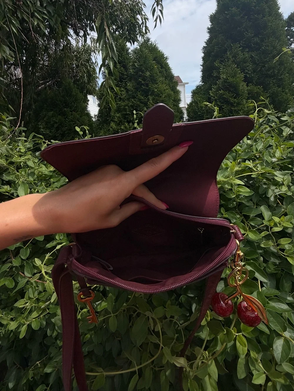 Fossil Kinley Burgundy Leather & Suede Crossbody Bag Boho Coquette Flap Purse